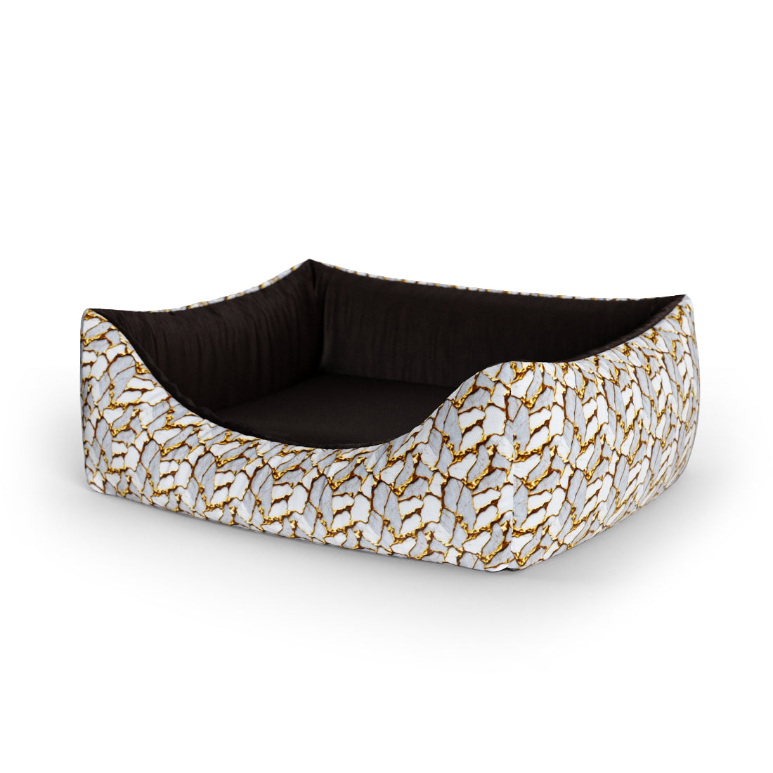 Personalisiertes Lounge-Hundebett aus goldenem Marmor mit Ringelblume und Eingang