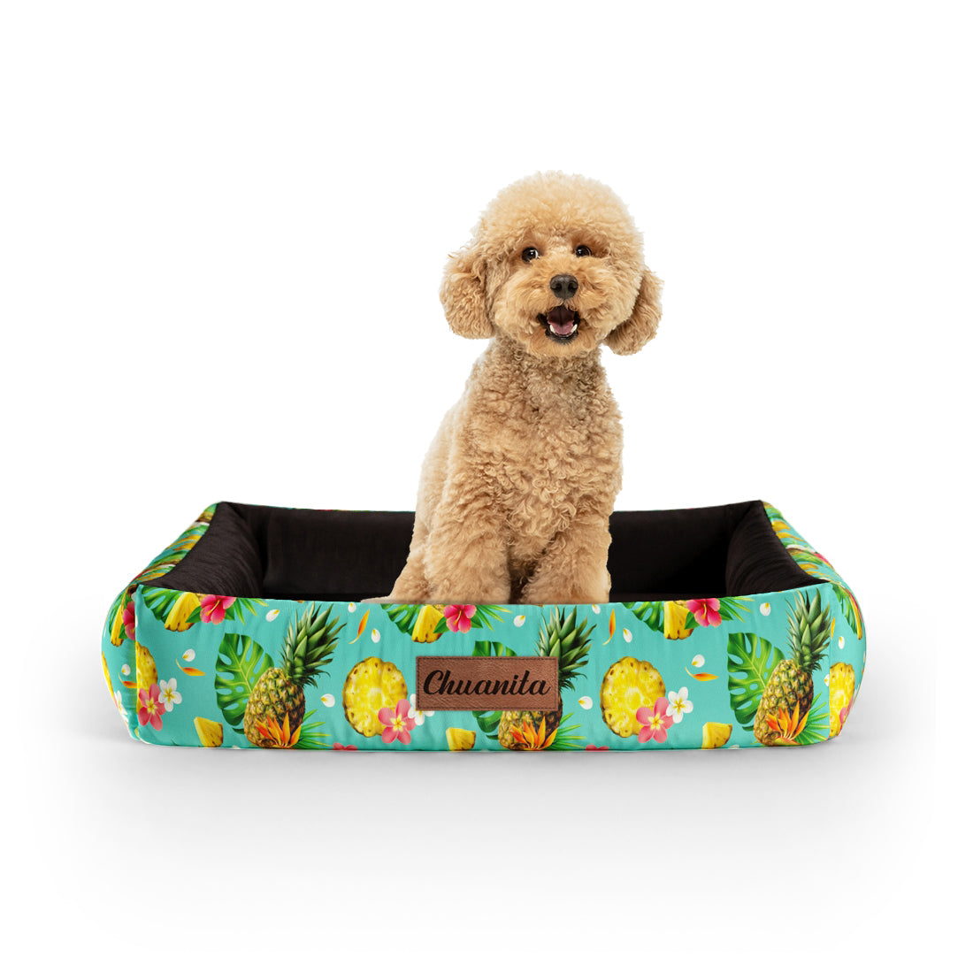 Pineapple Emerald Personalized Lounge Dog Bed With Sides