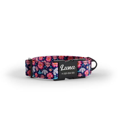 Dark Night Flowers Helio Personalized Dog Collar