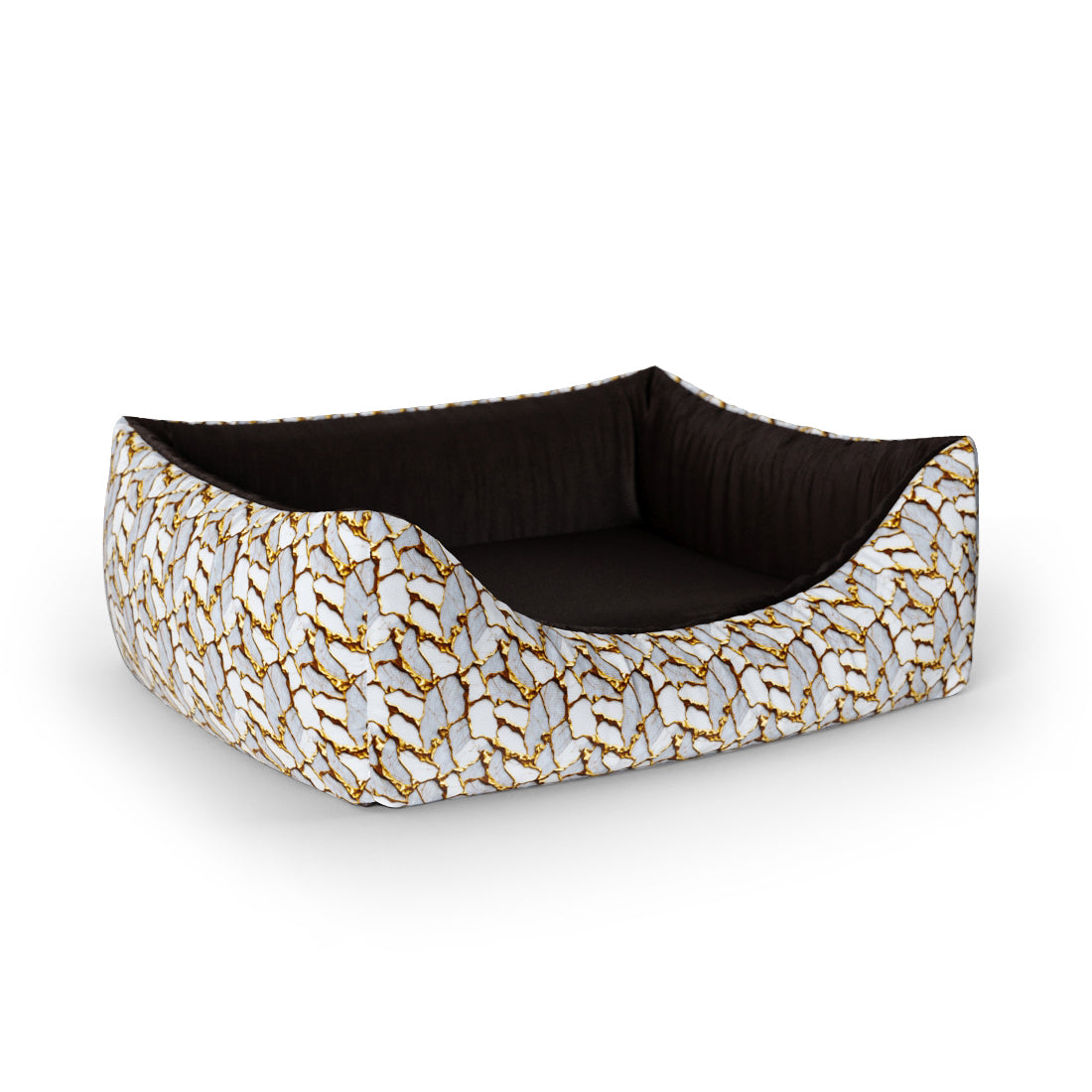 Personalisiertes Lounge-Hundebett aus goldenem Marmor mit Ringelblume und Eingang