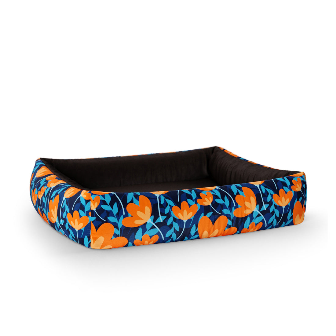 Summer Flowers Cerulean Personalized Lounge Dog Bed With Sides