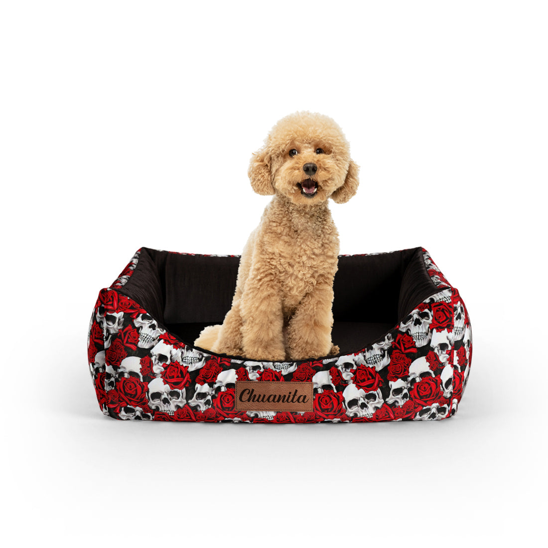 Skull Flowers Crimson Personalized Lounge Dog Bed With Entrance