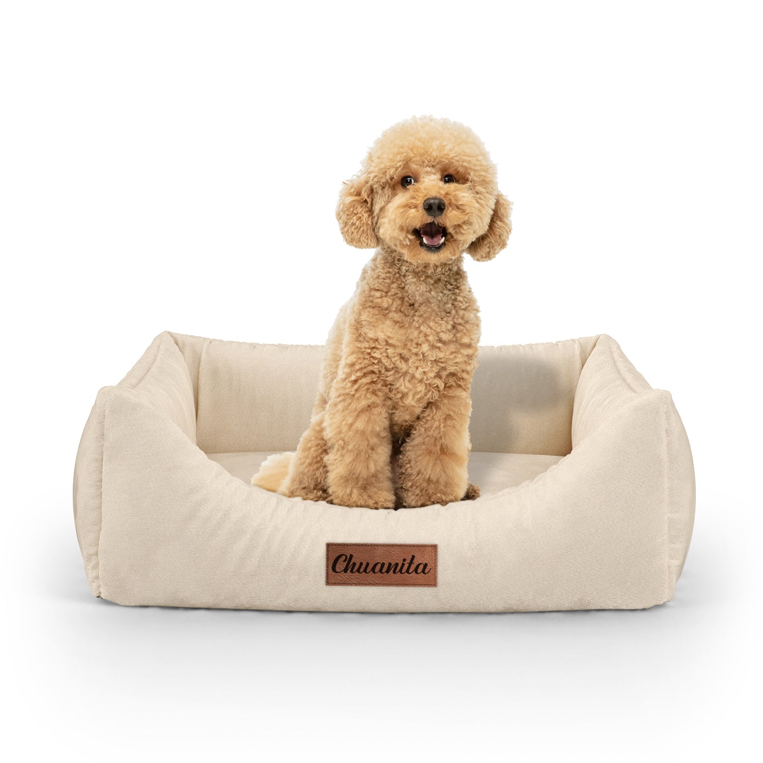 Luxuriöses, personalisiertes Lounge-Hundebett in Samtoptik in Beige mit Eingang