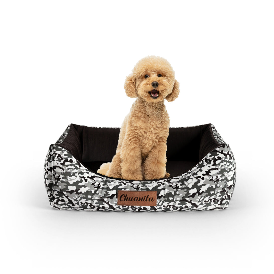 Camoflage Winter Personalisiertes Lounge Hundebett mit Eingang