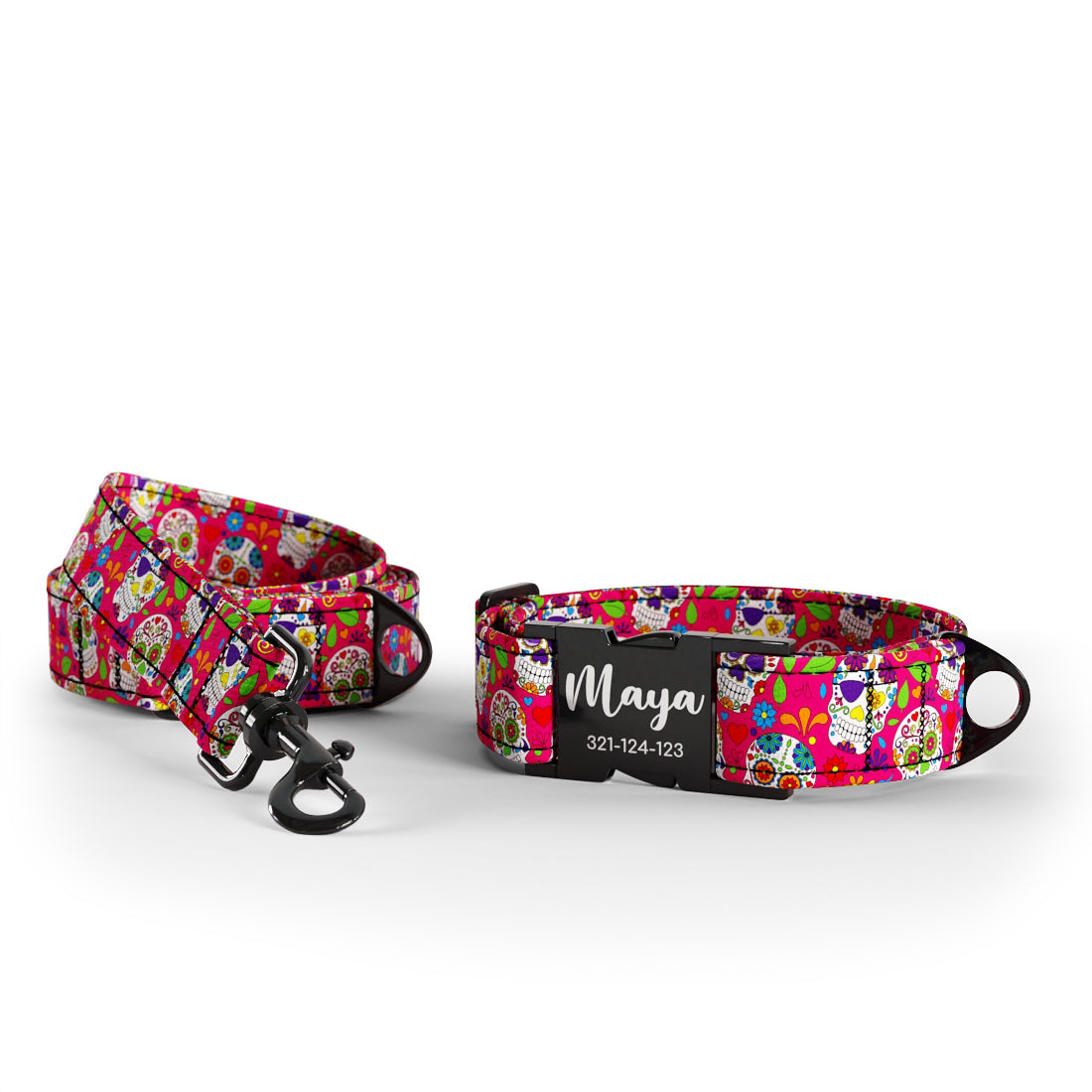 Personalisiertes Hundehalsband und Leine-Set mit Mexiko-Schädeln, Cerise