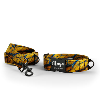 Blue Gold Marble  Amber Personalized Dog Collar And Leash Set