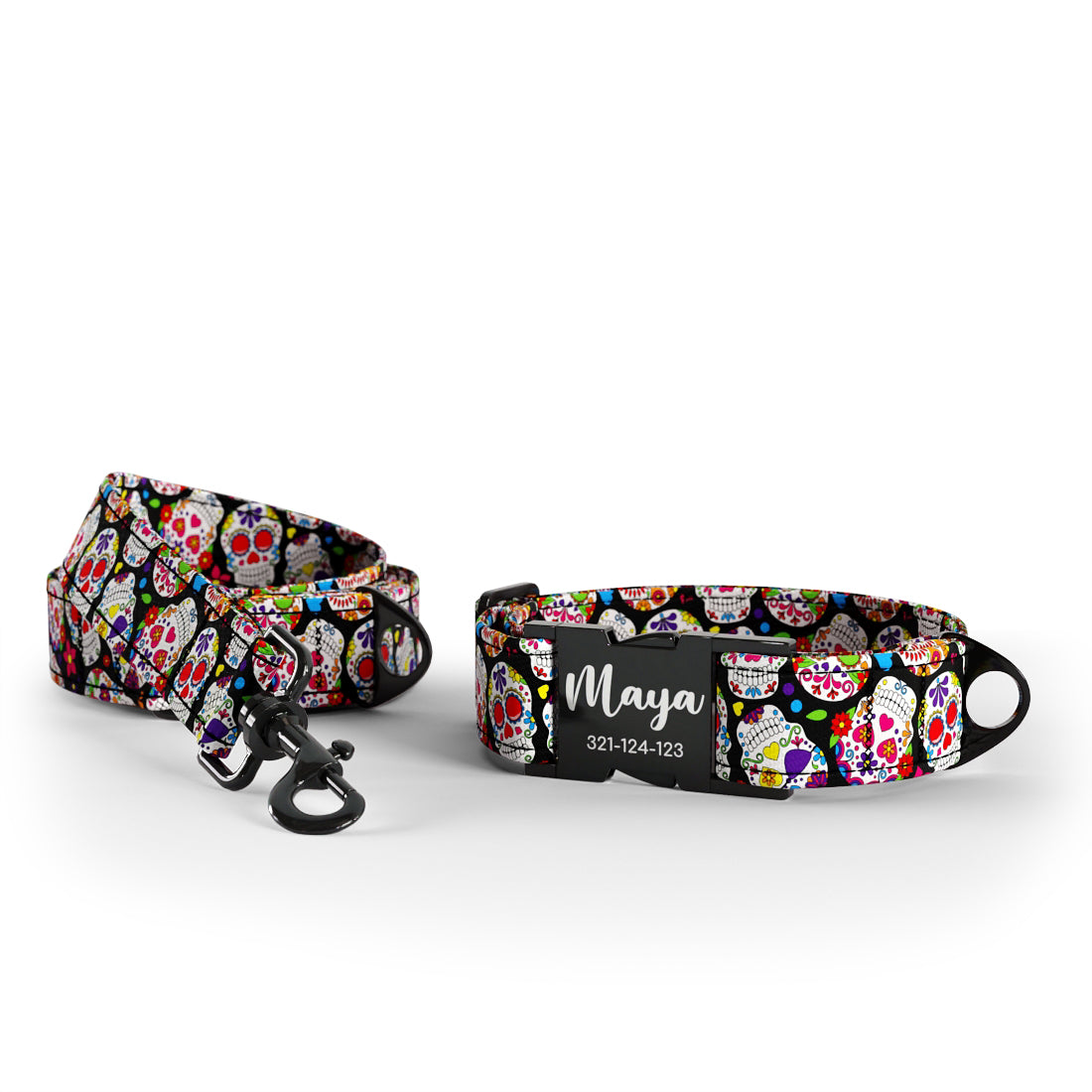 Mexico Skulls Sienna Personalized Dog Collar And Leash Set