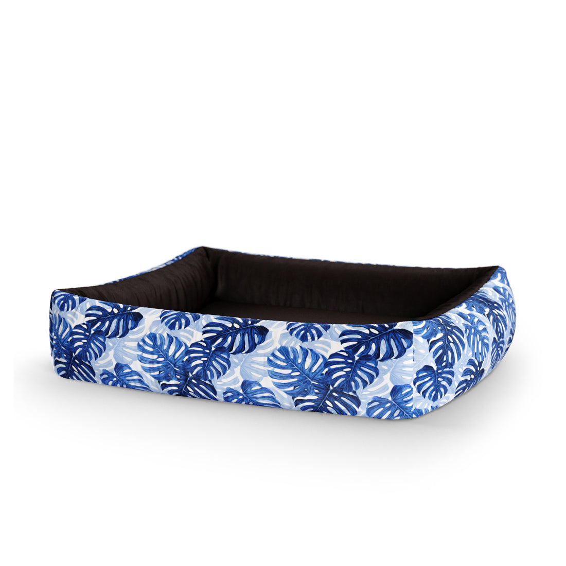 Tropical Leaves Indigo Personalized Lounge Dog Bed With Sides