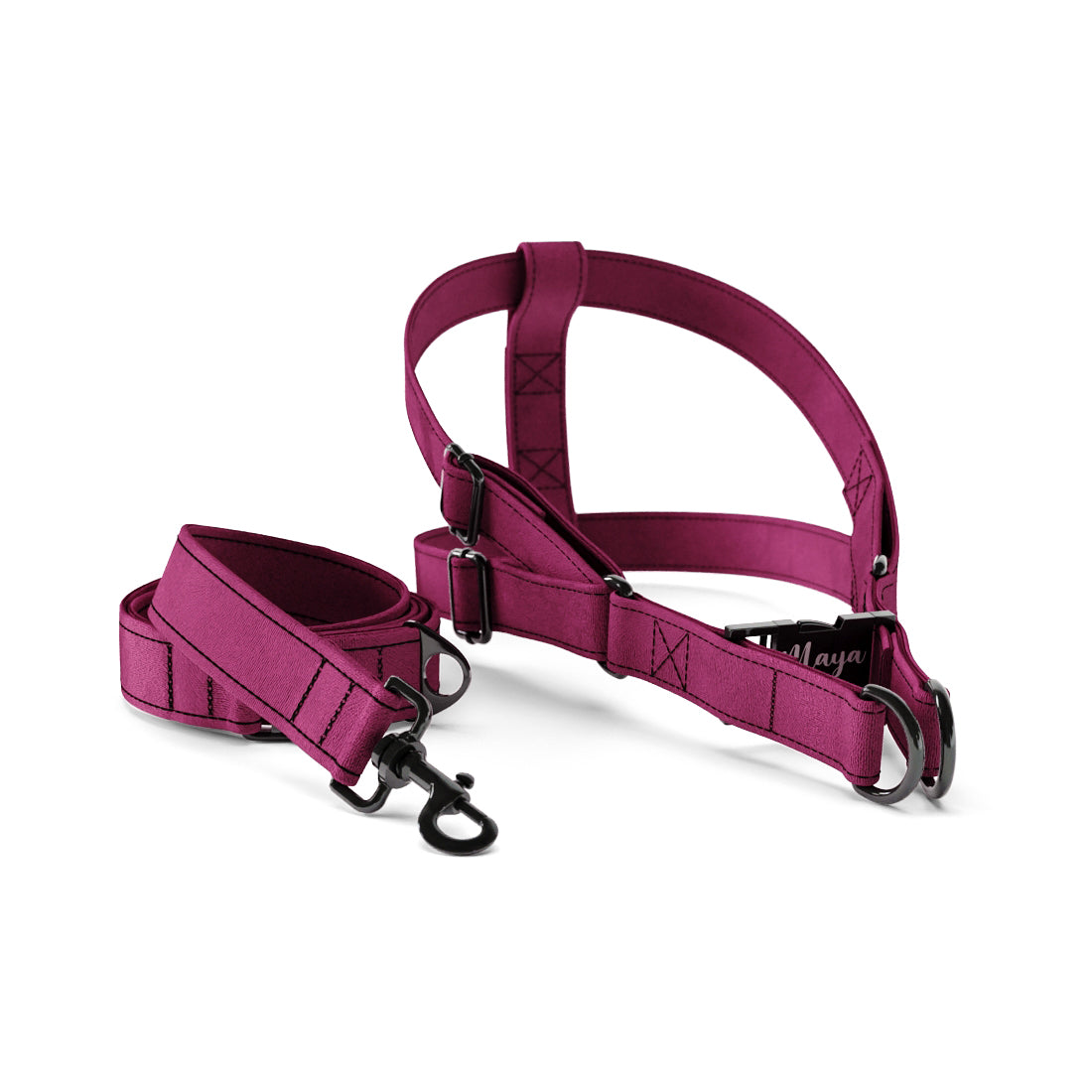 Velvet Look Jazzberry Personalized Dog Belt Harness And Leash Set