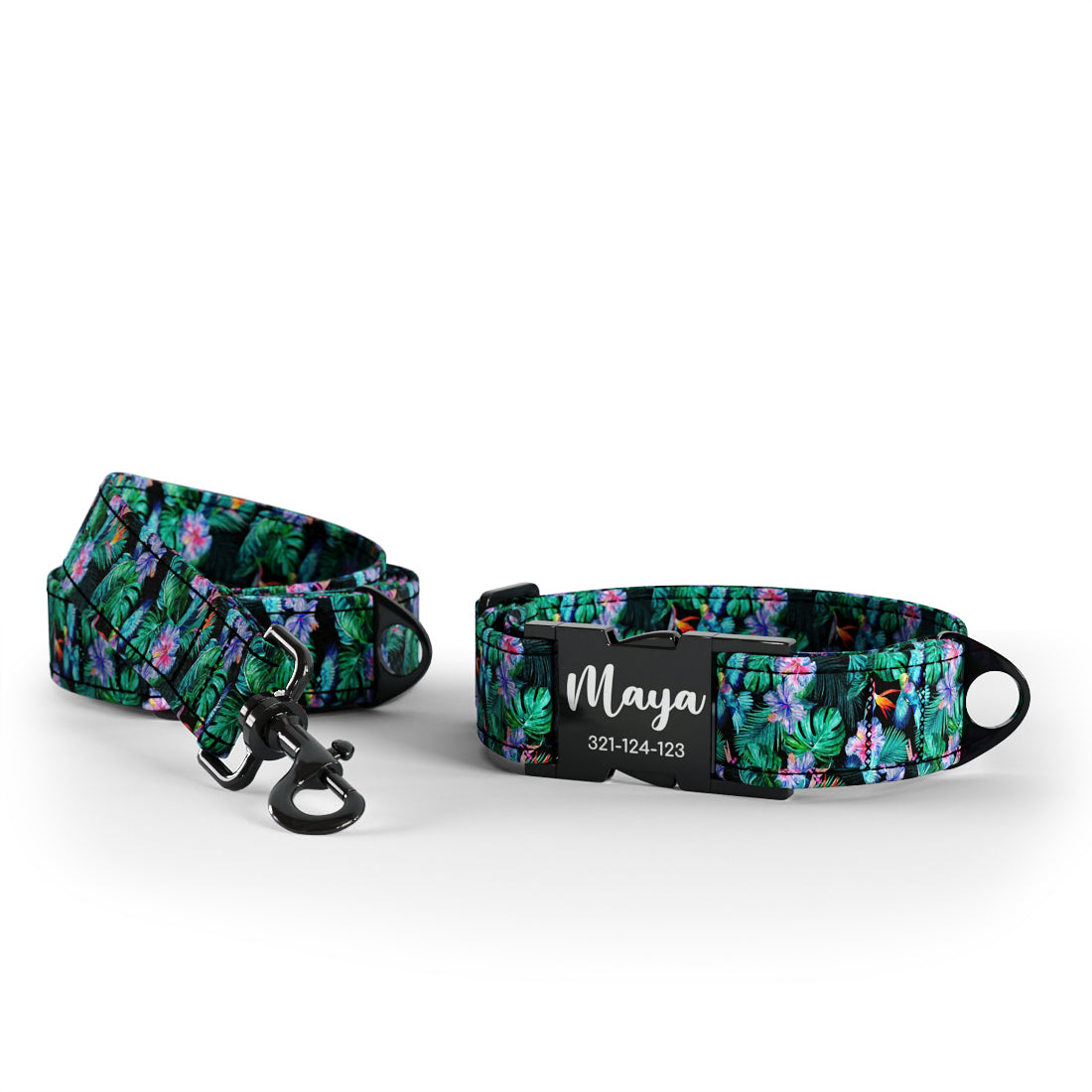 Tropical Leaves Hunter Personalisiertes Hundehalsband und Leine-Set