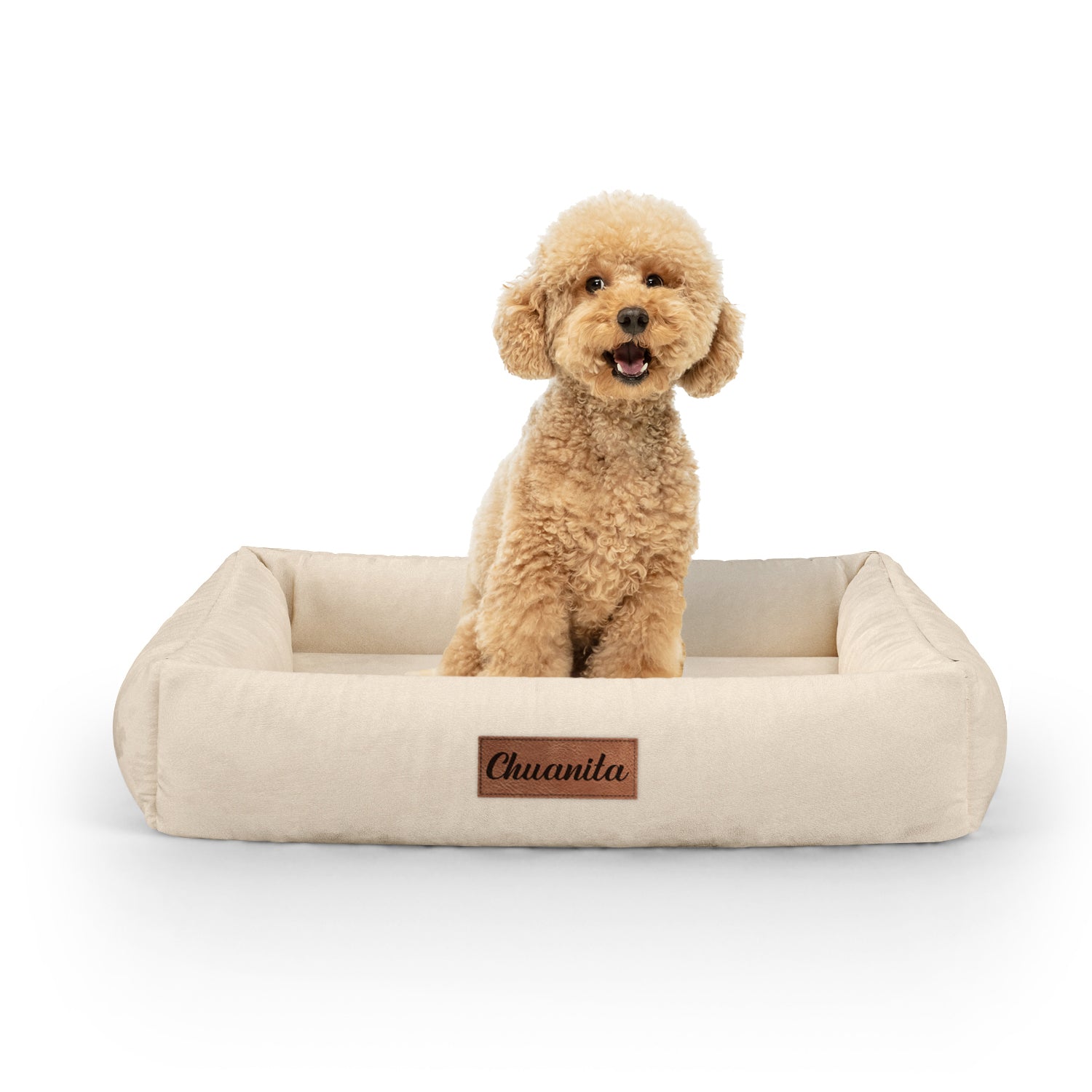 Luxury Velvet Look Beige Personalized Lounge Dog Bed With Sides