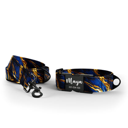 Blue Gold Marble  Cyber Personalized Dog Collar