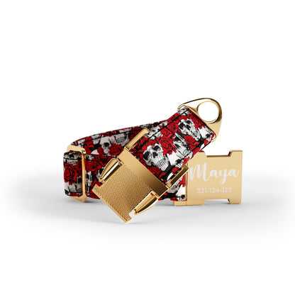 Personalisiertes Set aus Hundehalsband und Leine mit Blumen und Totenköpfen in Crimson