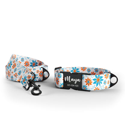 Weiße Schneeblumen Floral personalisiertes Hundehalsband und Leine-Set