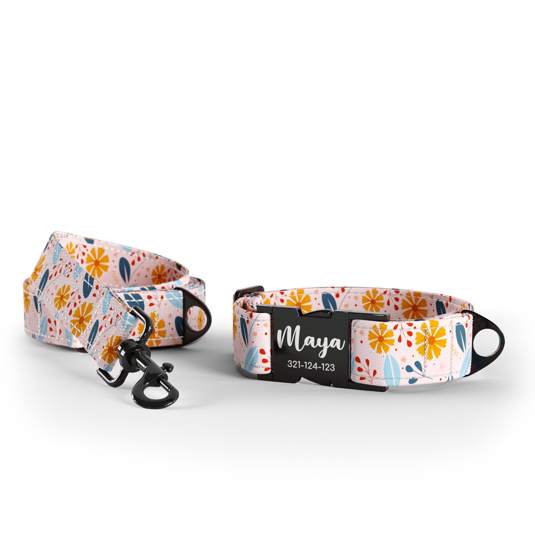 Folkloer Flowers Vanilla Personalized Dog Collar And Leash Set