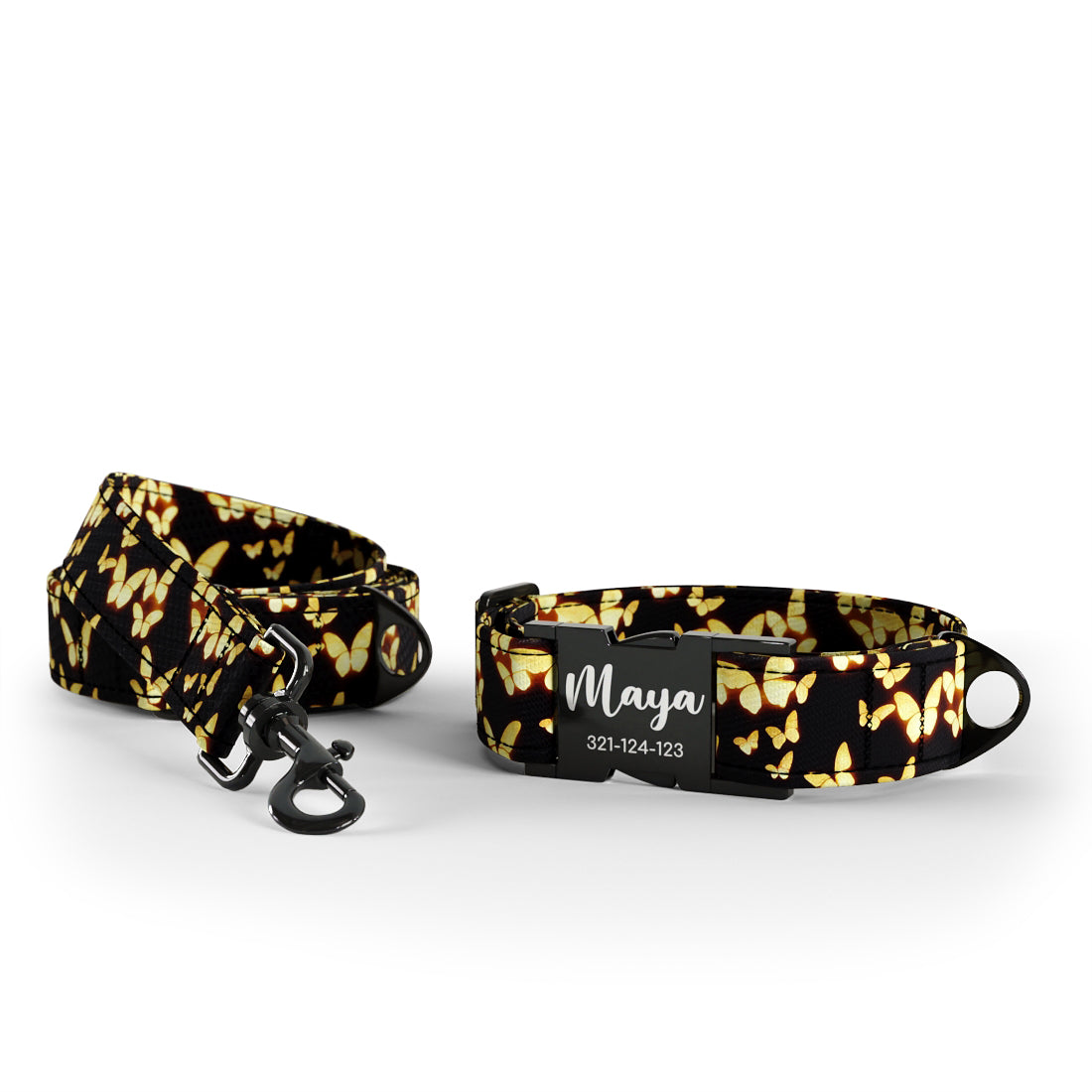 Lightning Butterflies Jet Personalisiertes Hundehalsband und Leine-Set