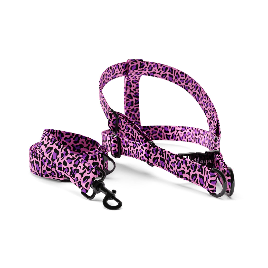 Leopard Magenta Personalized Dog Fashion Belt Harness And Leash Set