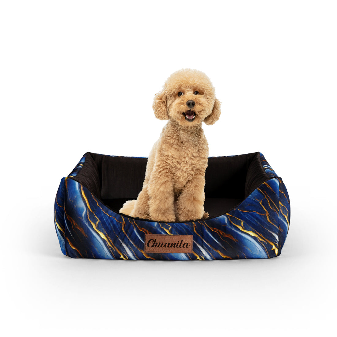 Blue And Gold Marble Azure Personalized Lounge Dog Bed With Entrance