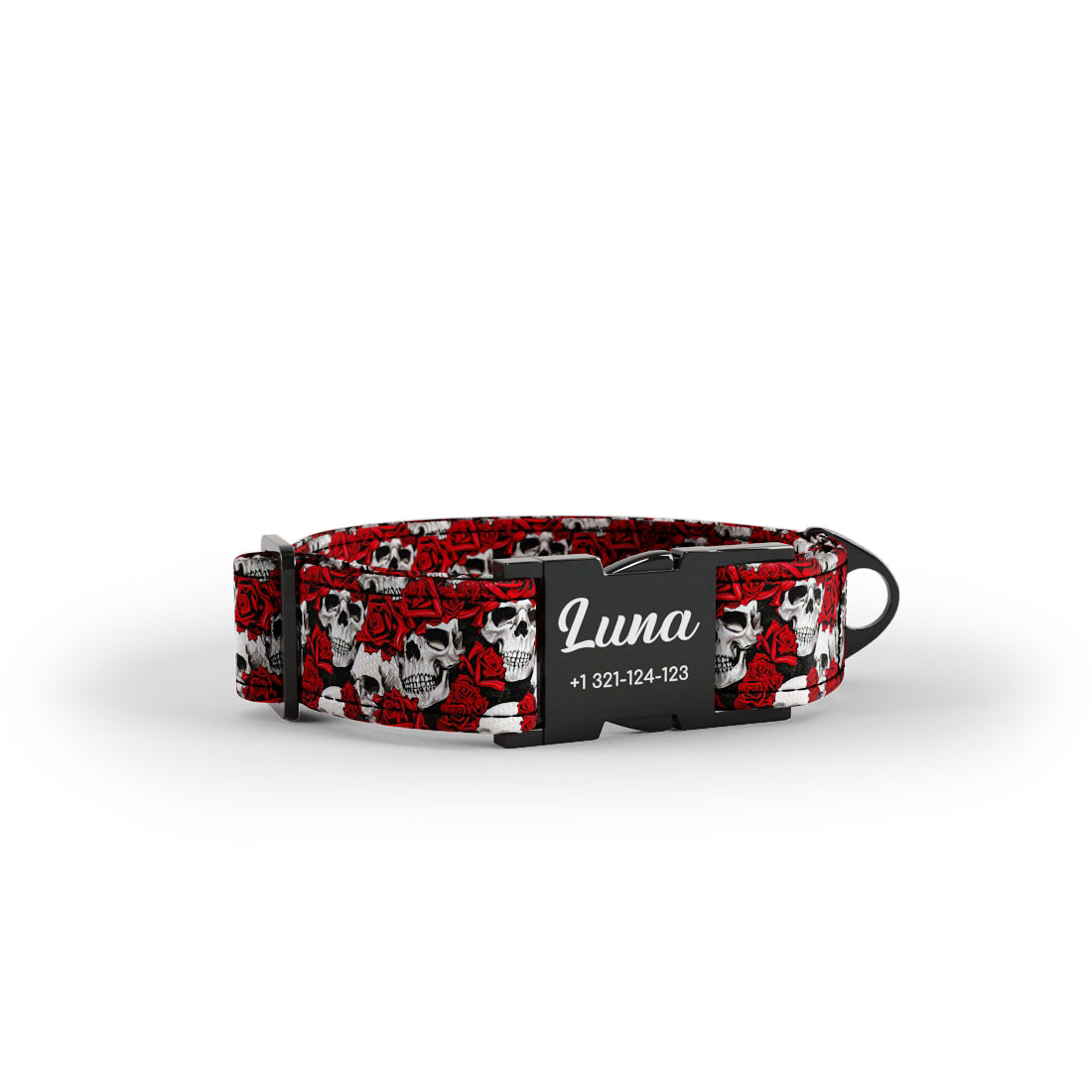 Personalisiertes Set aus Hundehalsband und Leine mit Blumen und Totenköpfen in Crimson