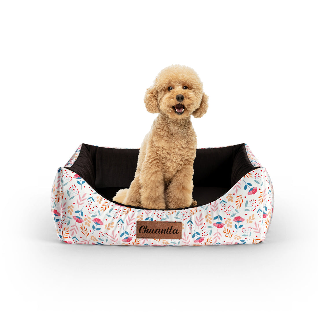 Folclore Flowers Vanilla Personalized Lounge Dog Bed With Entrance