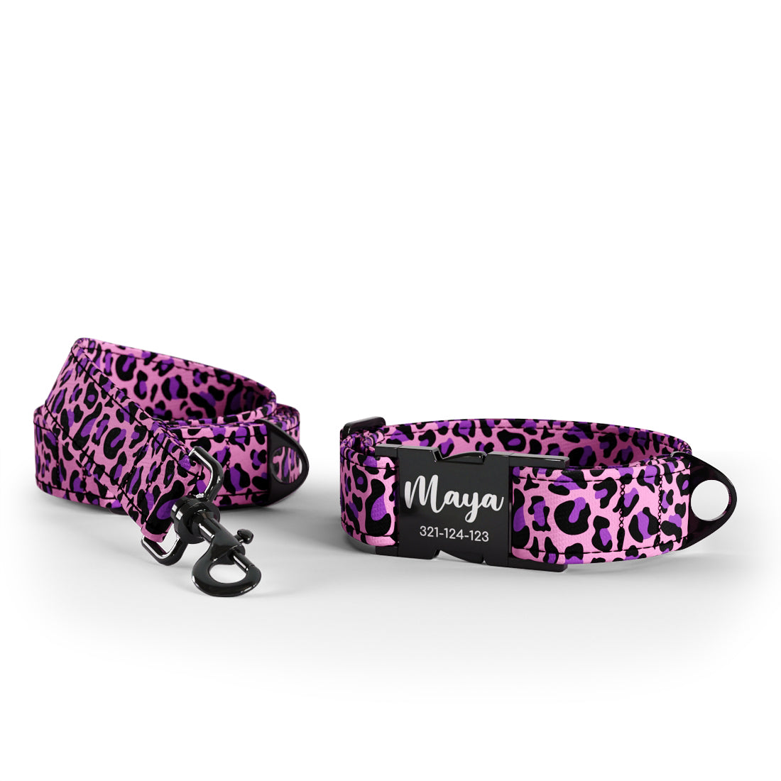 Leopard Magenta Personalized Dog Collar And Leash Set