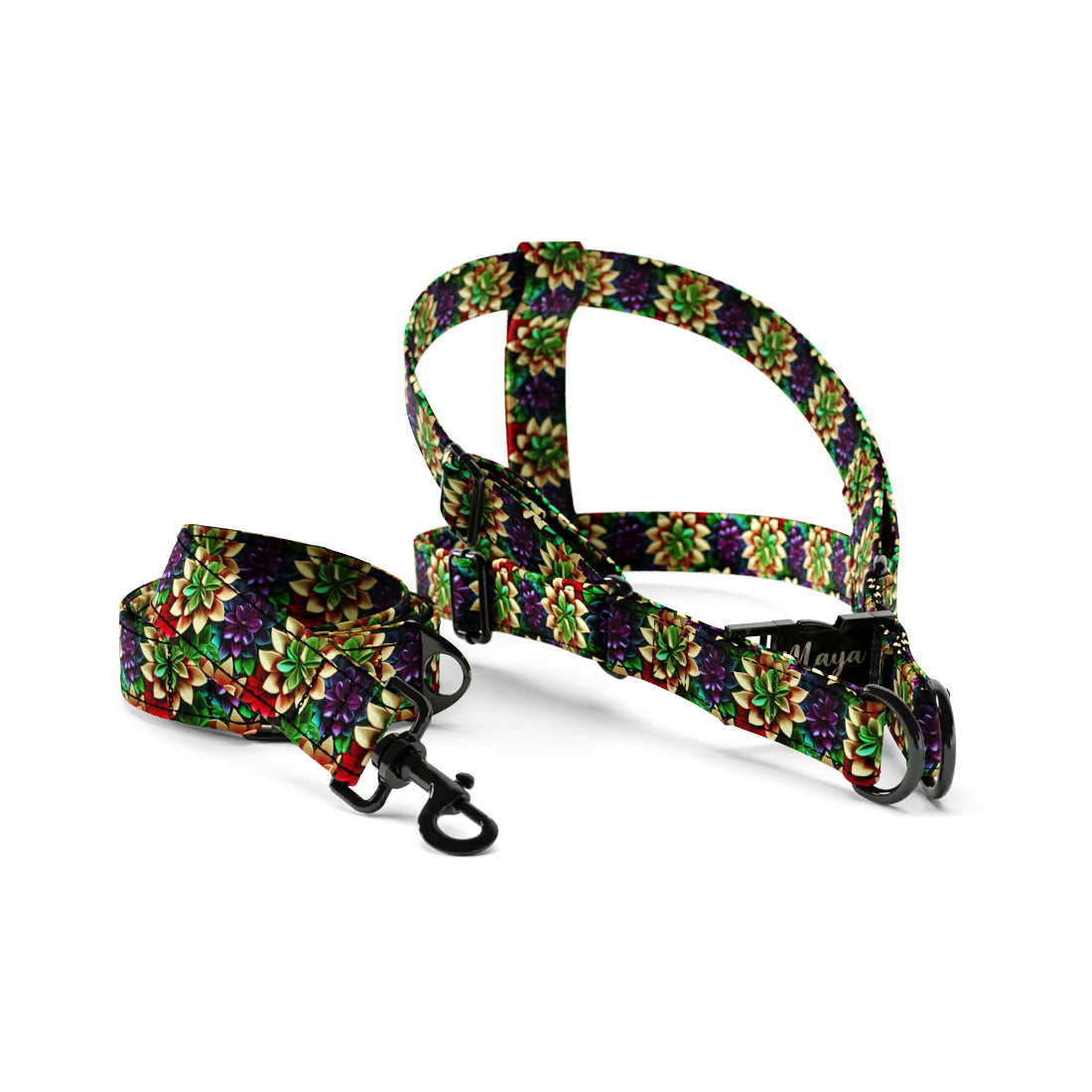 Garden Flowers Malachite Personalized Dog Fashion Belt Harness And Leash Set