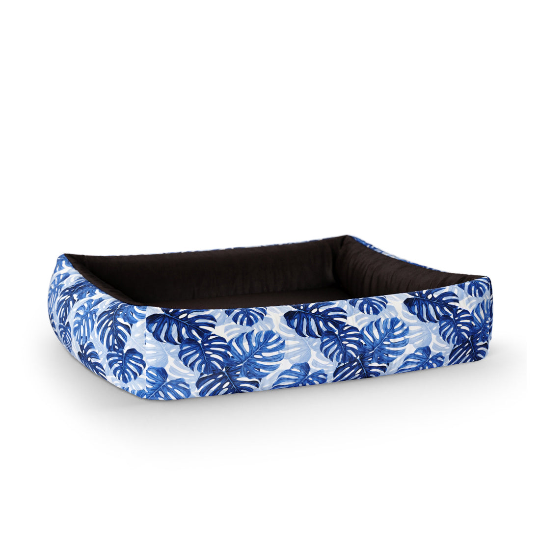 Tropical Leaves Indigo Personalized Lounge Dog Bed With Sides