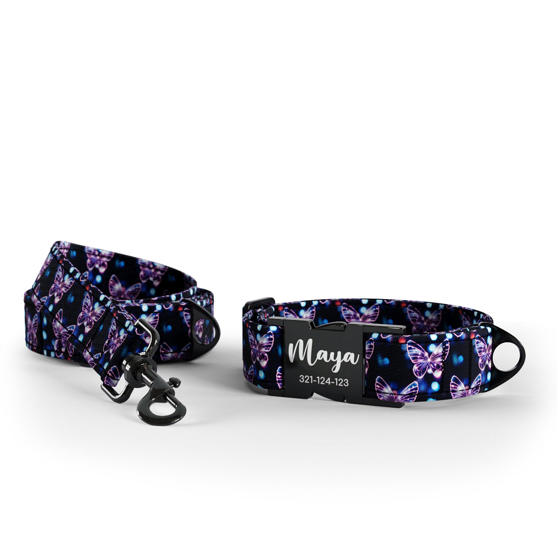 Lightning Butterflies Bluetiful personalisiertes Hundehalsband und Leine-Set