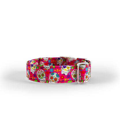 Personalisiertes Hundehalsband mit Mexiko-Schädeln, Cerise