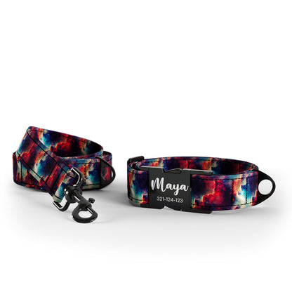 Space Nebula Maroon Personalized Dog Collar And Leash Set