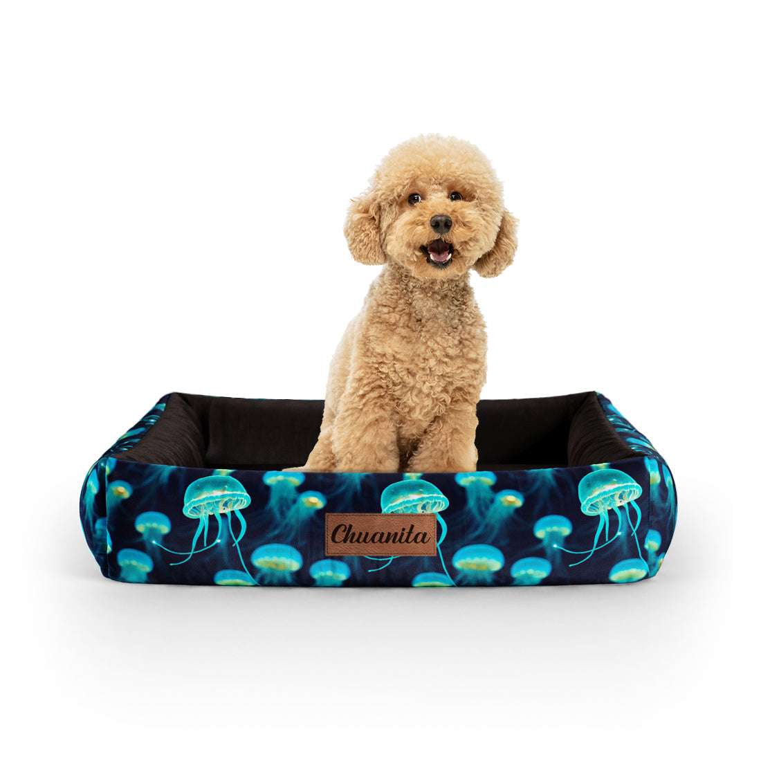 Jellyfish Lapis Personalized Lounge Dog Bed With Sides