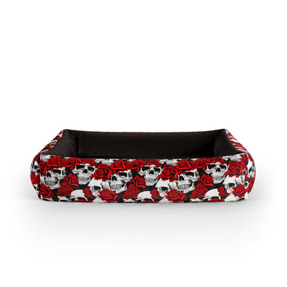 Skull Flowers Crimson Personalized Lounge Dog Bed With Sides