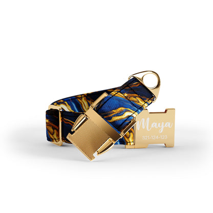 Blue Gold Marble  Cyber Personalized Dog Collar And Leash Set