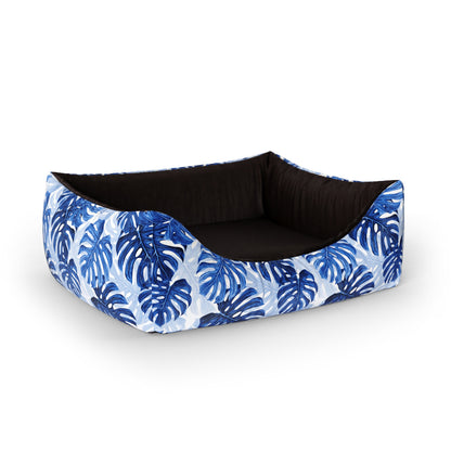 Tropical Leaves Indigo Personalized Lounge Dog Bed With Entrance