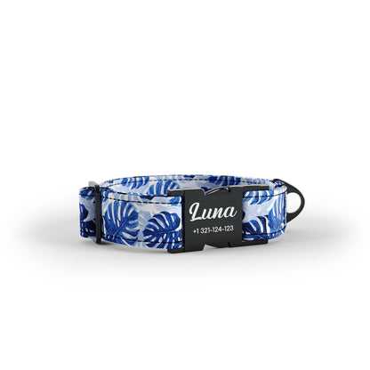 Tropische Blätter Indigo personalisiertes Hundehalsband und Leine-Set