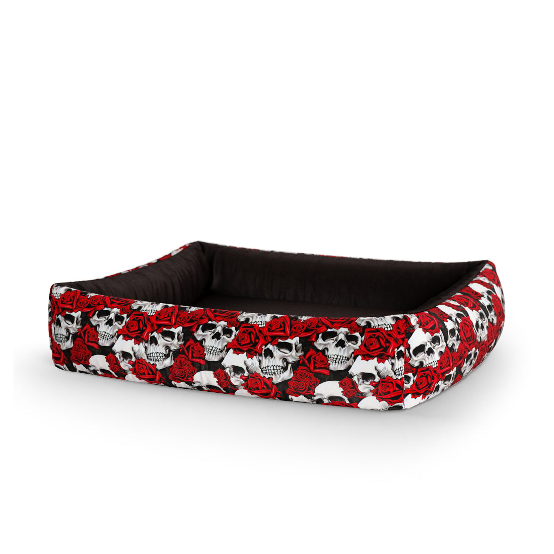 Skull Flowers Crimson Personalized Lounge Dog Bed With Sides