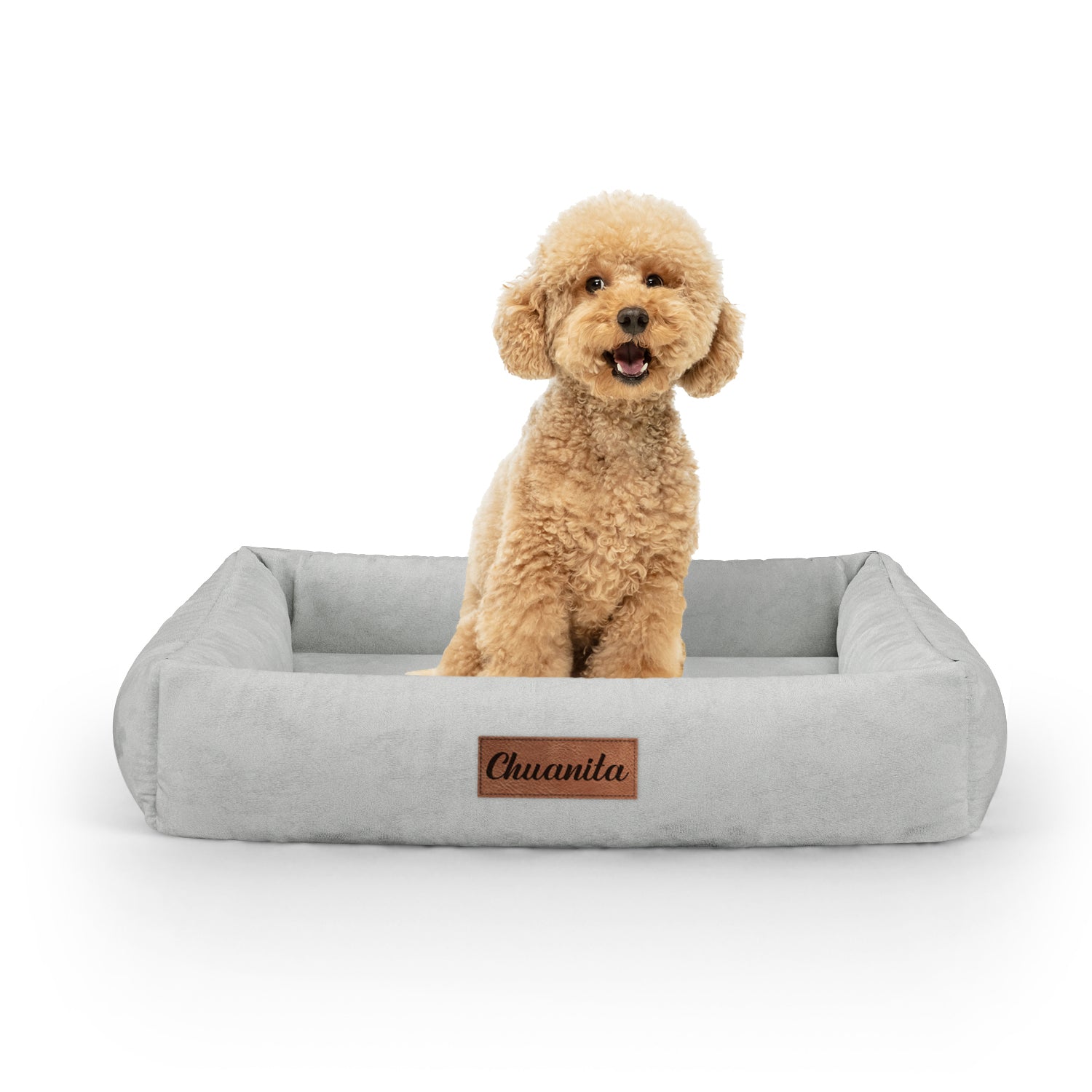 Luxury Velvet Look Silver Personalized Lounge Dog Bed With Sides