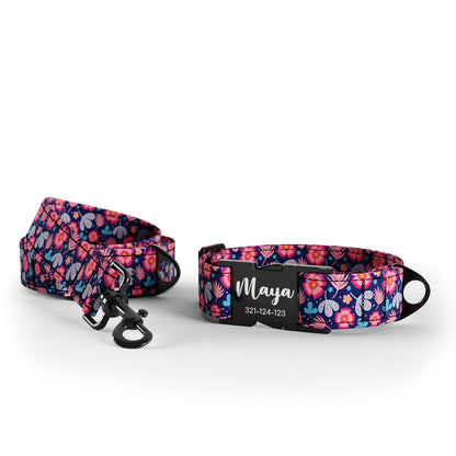 Dark Night Flowers Helio Personalized Dog Collar And Leash Set