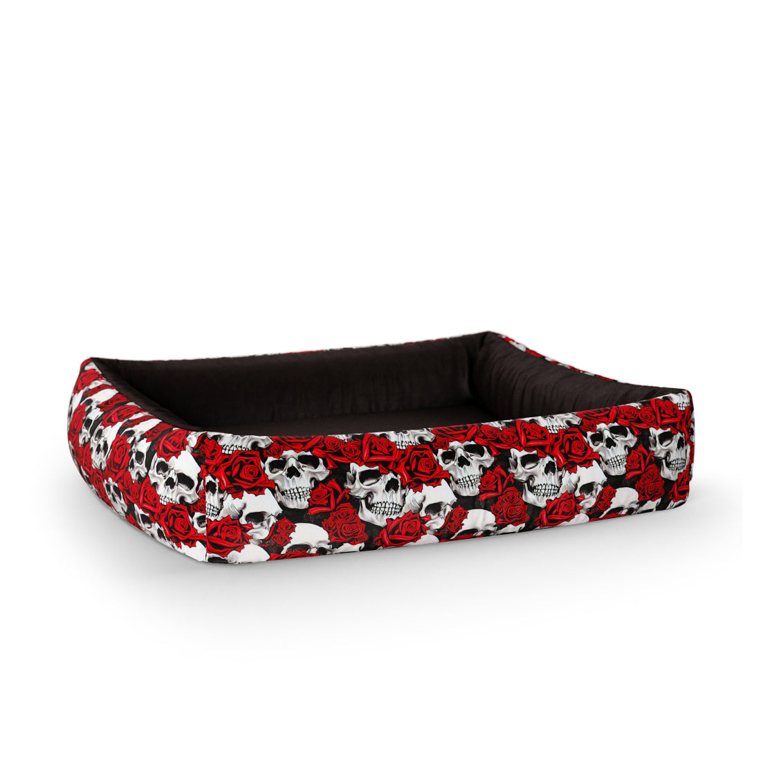 Skull Flowers Crimson Personalized Lounge Dog Bed With Sides