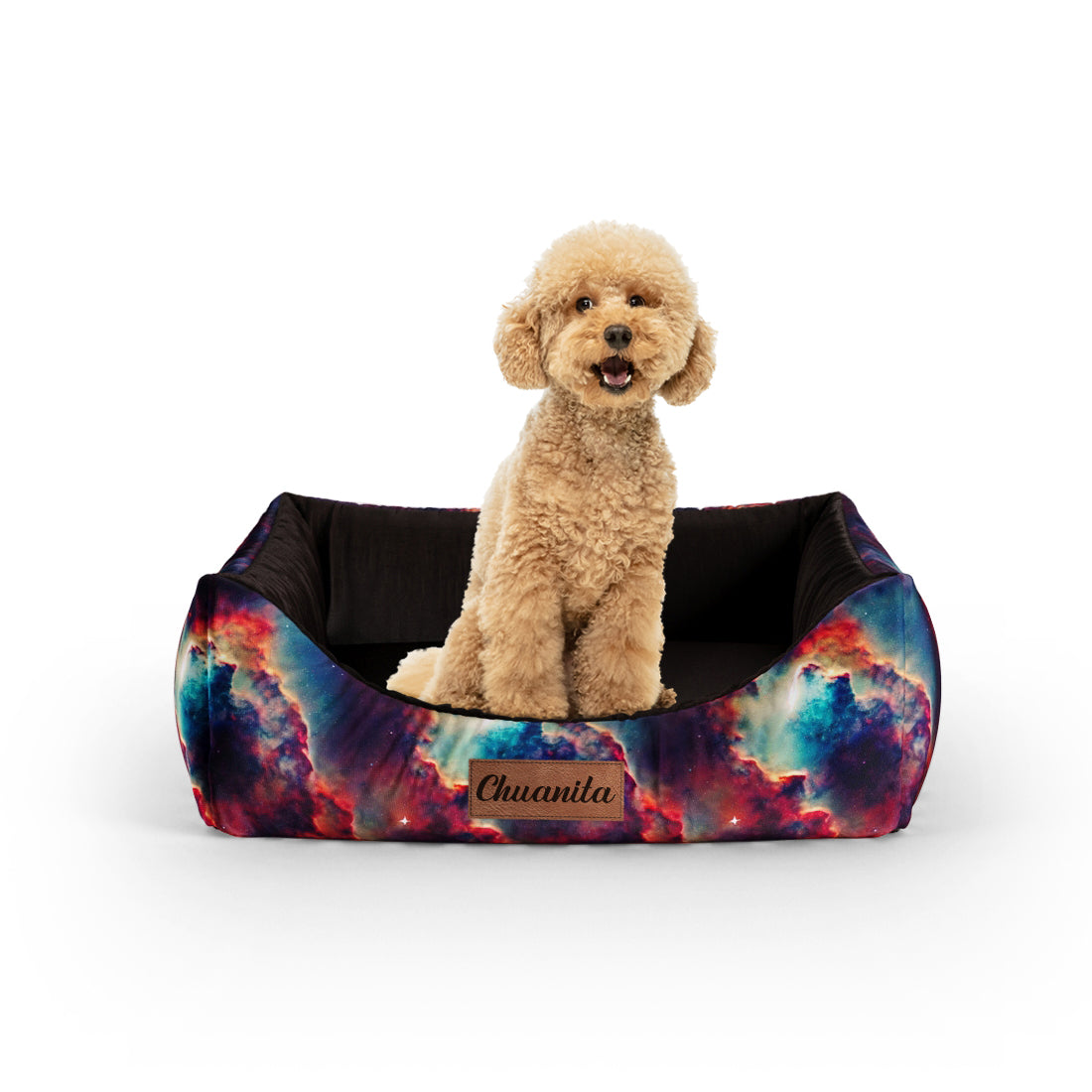 Space Nebula Maroon Personalized Lounge Dog Bed With Entrance