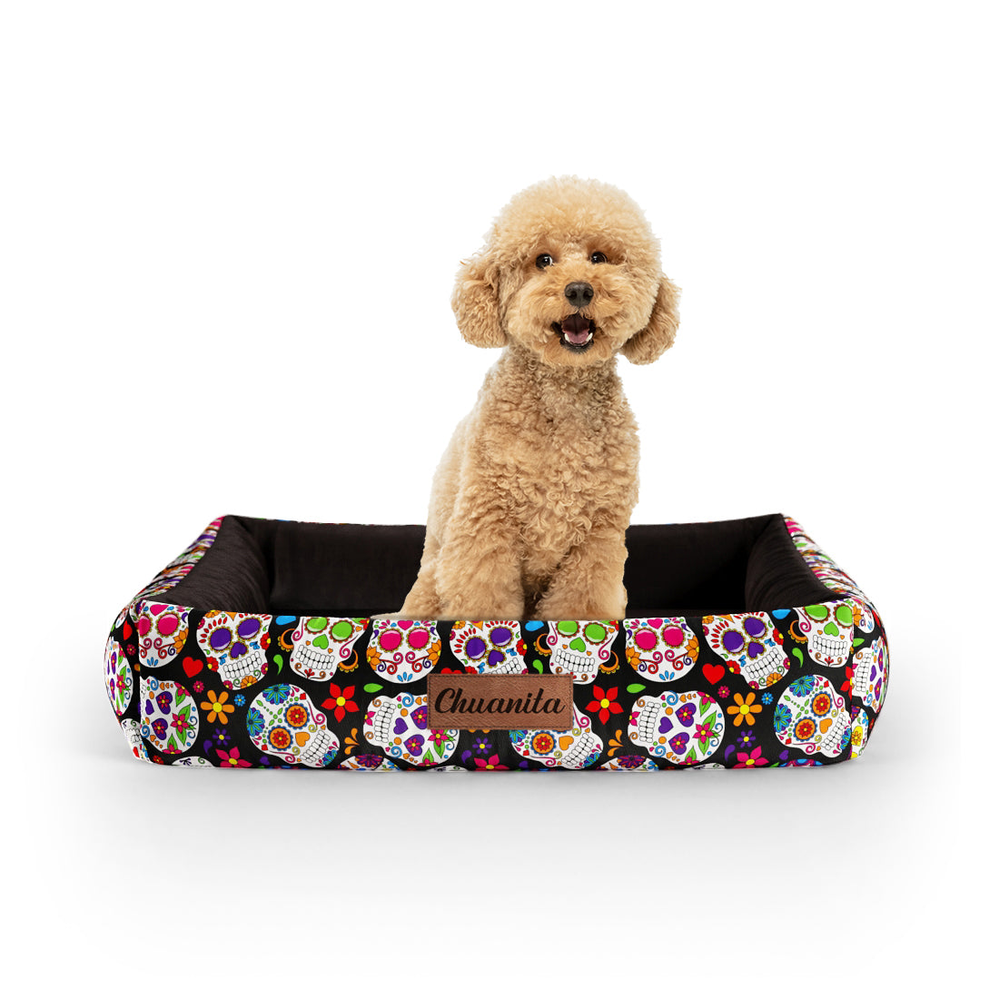 Mexico Skulls Sienna Personalisiertes Lounge-Hundebett mit Seiten