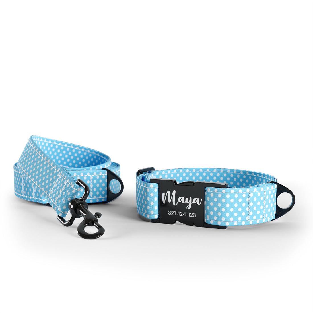 Sweat Polka Dots Celeste Personalisiertes Hundehalsband und Leine-Set