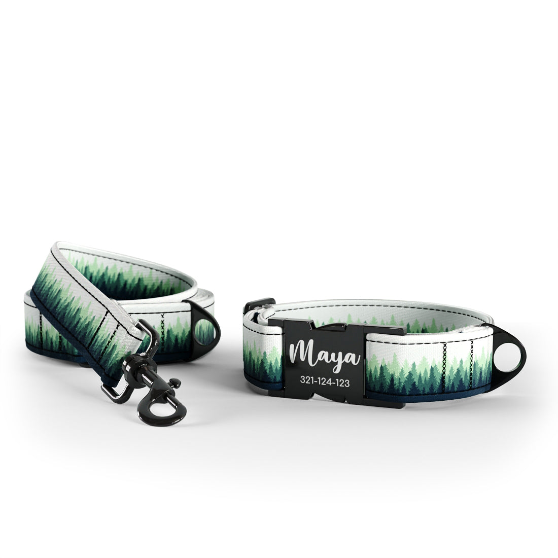 Forest Landscape Midnight Personalized Dog Collar And Leash Set