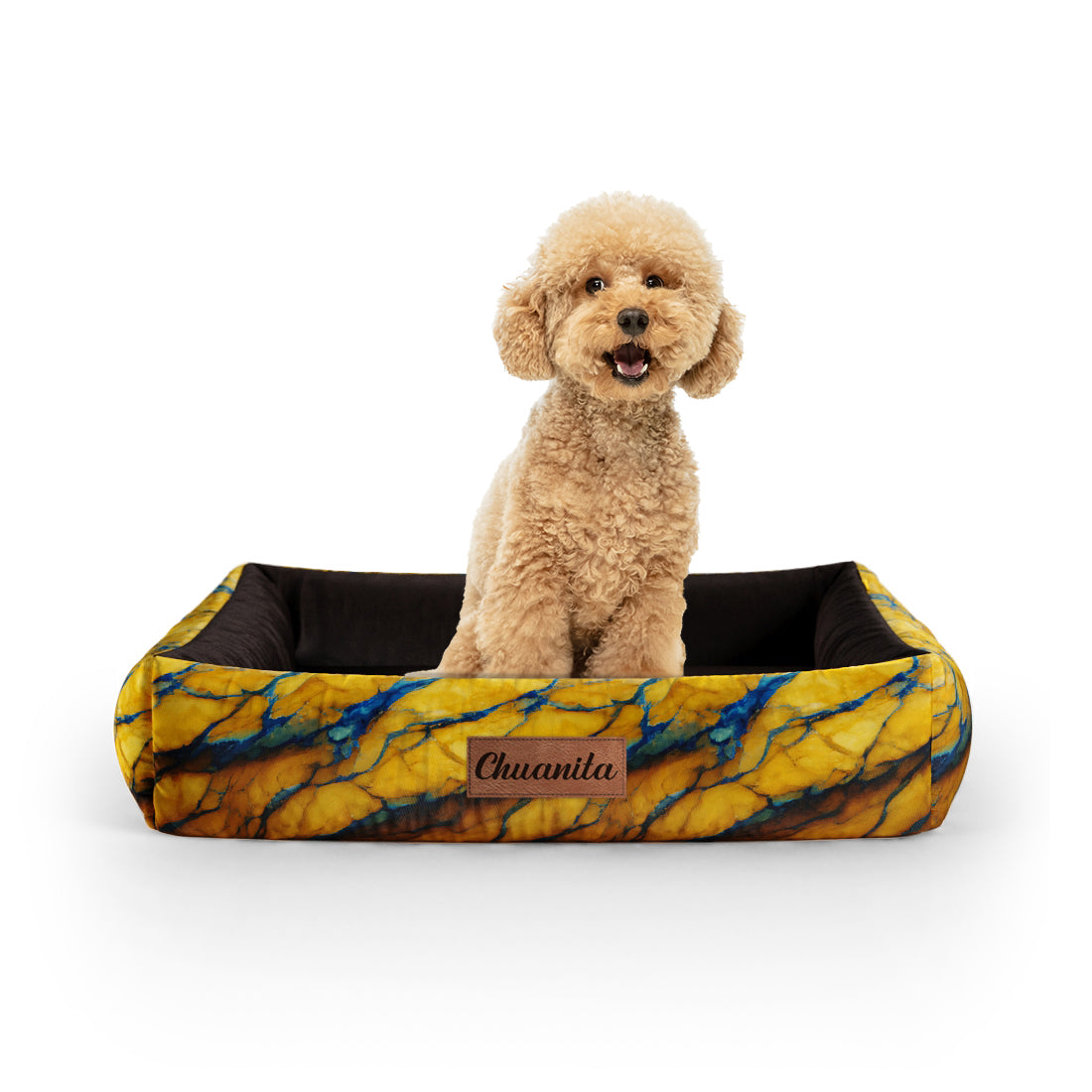 Blue And Gold Marble Amber Personalized Lounge Dog Bed With Sides