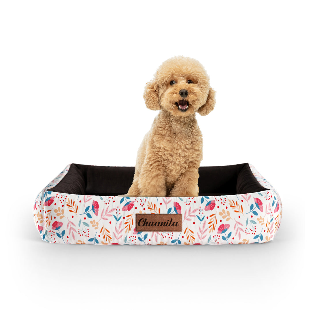 Folclore Flowers Vanilla Personalized Lounge Dog Bed With Sides