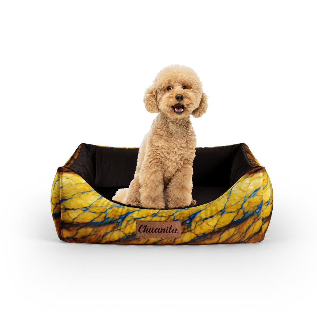 Blue And Gold Marble Amber Personalized Lounge Dog Bed With Entrance