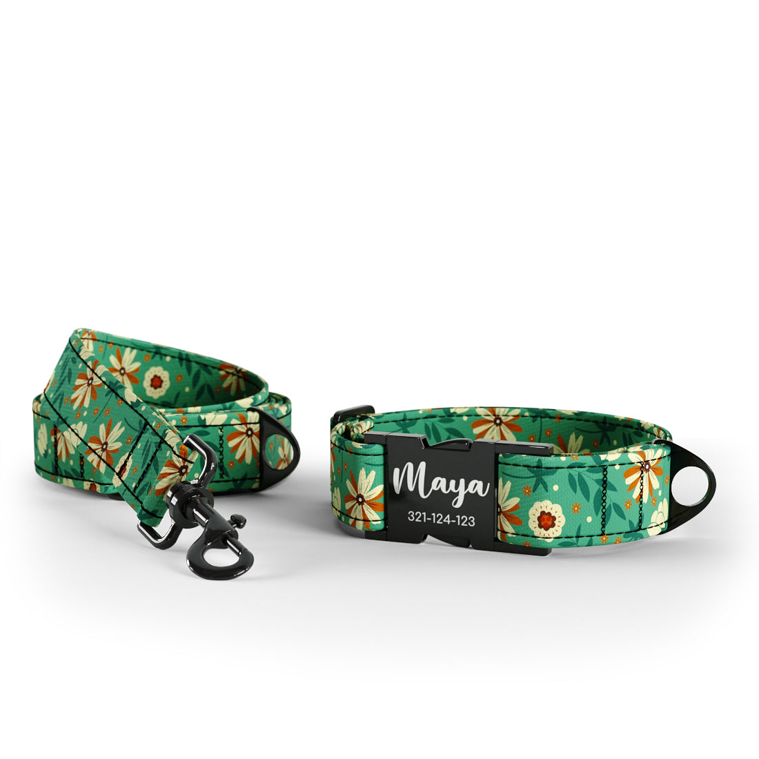 Personalisiertes Hundehalsband und Leine-Set mit dunklem Nachtblumen-Moos