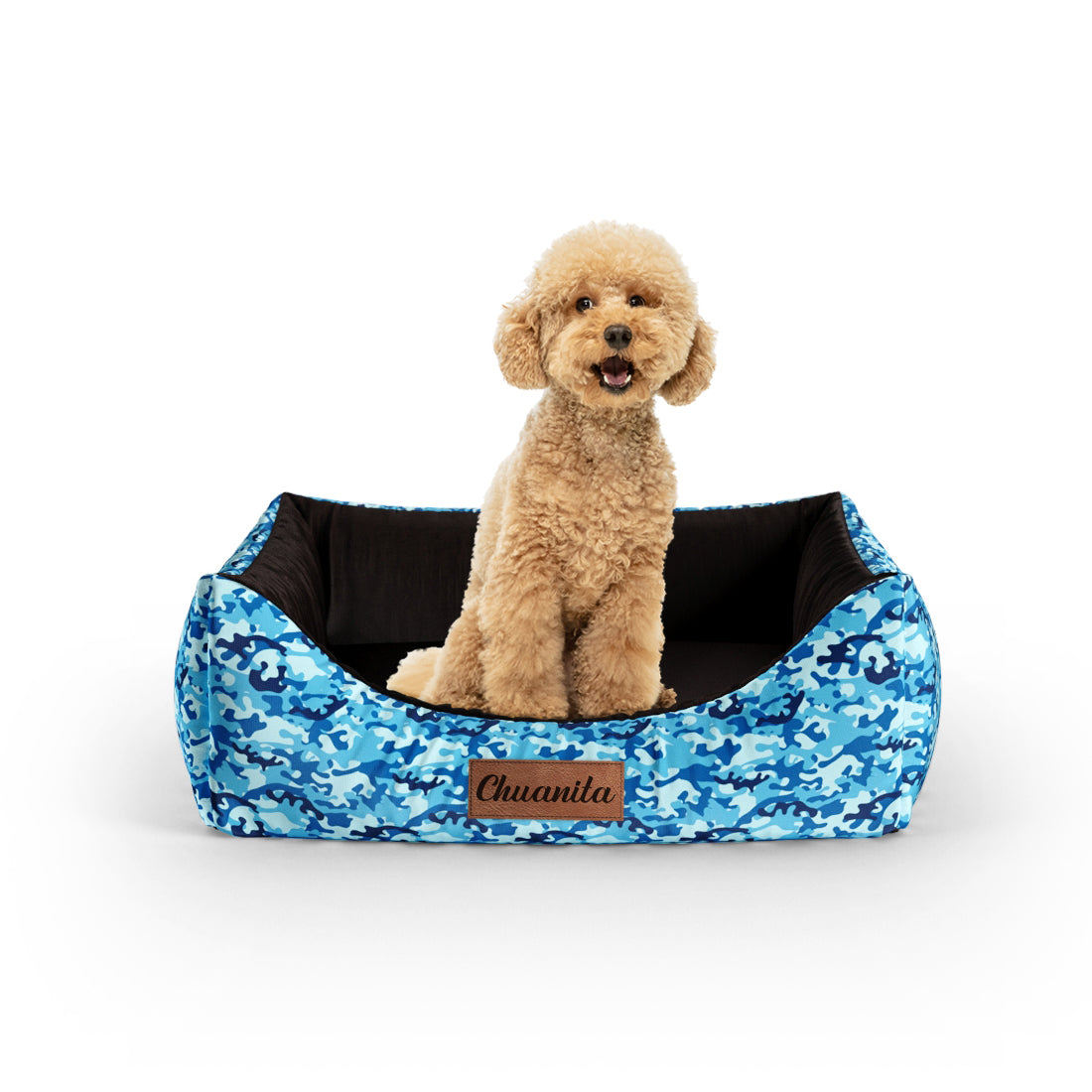 Personalisiertes Lounge-Hundebett mit Camoflage-Denim und Eingang