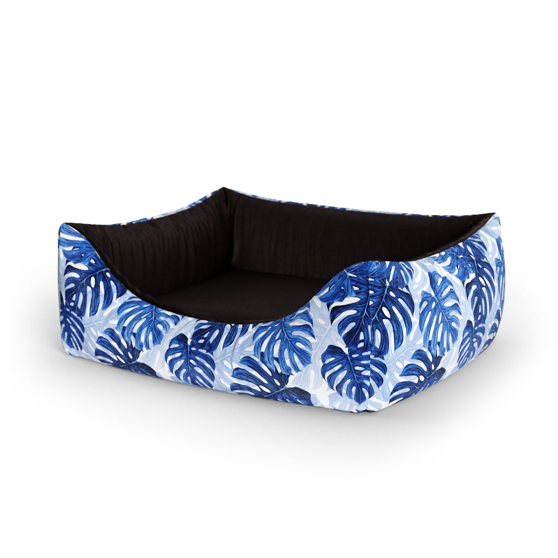 Tropical Leaves Indigo Personalized Lounge Dog Bed With Entrance