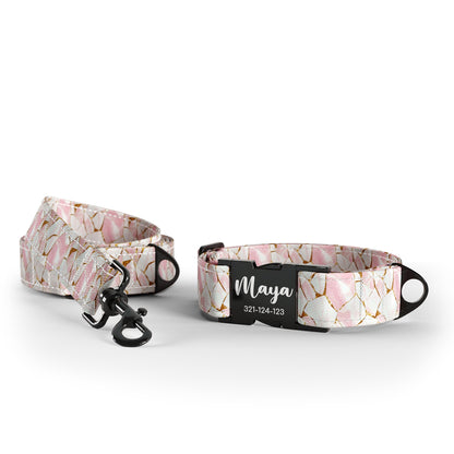 Personalisiertes Hundehalsband und Leine-Set aus rosa Marmor-Leinen